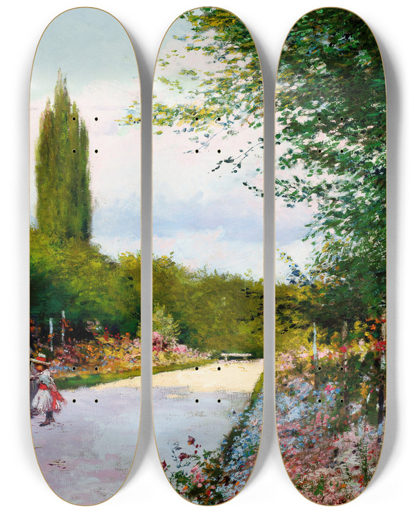 Triptych art skateboard deck of Jzef Rapacki In The Garden by Jozef Rapacki (1871-1929)