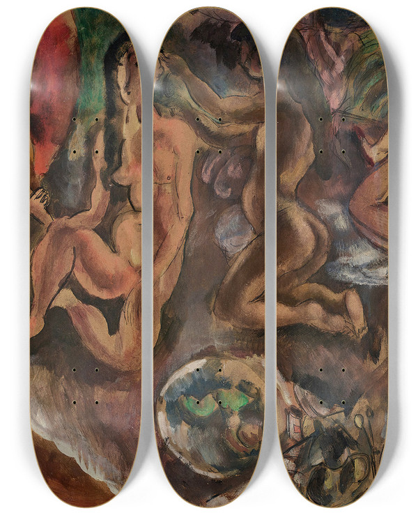 Triptych art skateboard deck of Jules Pascin La Toilette Aux Tropiques by Jules Pascin (1885-1930)