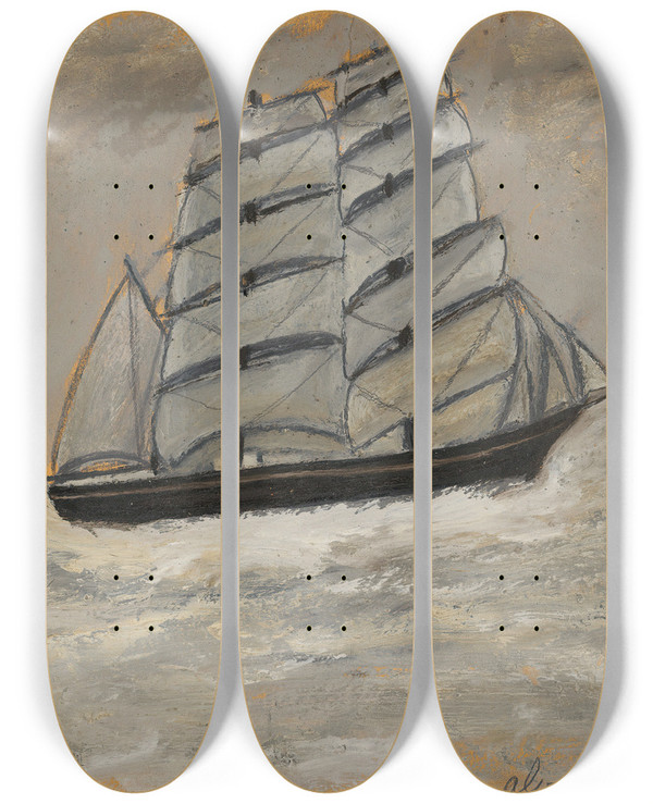 Triptych art skateboard deck of Alfred Wallis Sailing Ship In A Stormy Sea by Alfred Wallis (1855-1942)