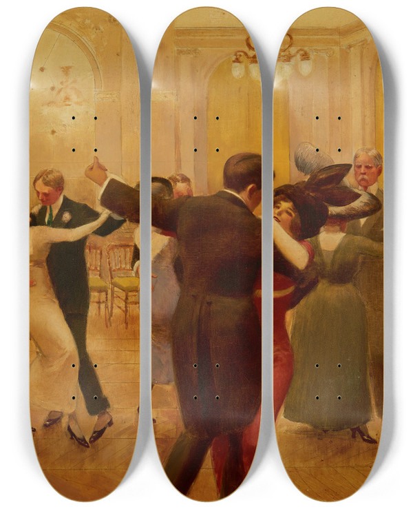 Triptych art skateboard deck of Albert Guillaume The Dance by Albert Guillaume (1873-1942)