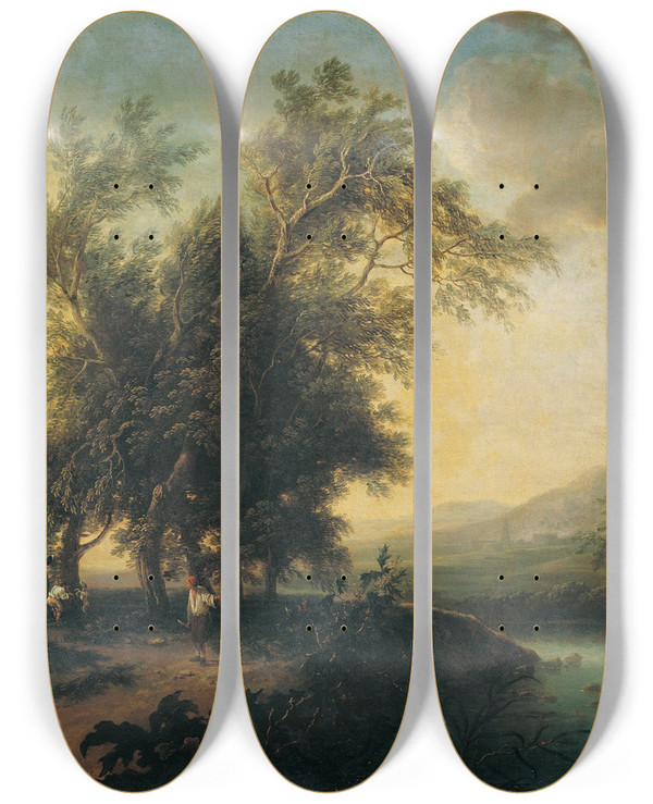 Triptych art skateboard deck of Christian Hilfgott Brand Landschaft Mit Staffage by Christian Hilfgott Brand (1694-1756)