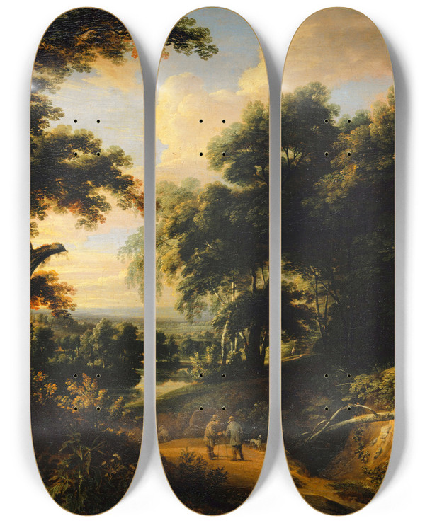 Triptych art skateboard deck of Jacques Darthois Landscape With Staffage Figures by Jacques d'Arthois (1613-1686)
