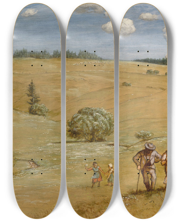 Triptych art skateboard deck of Hans Thoma Hilly Landscape by Hans Thoma (1839-1924)