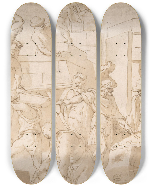 Triptych art skateboard deck of Cesare Nebbia Building by Cesare Nebbia (1536-1622)