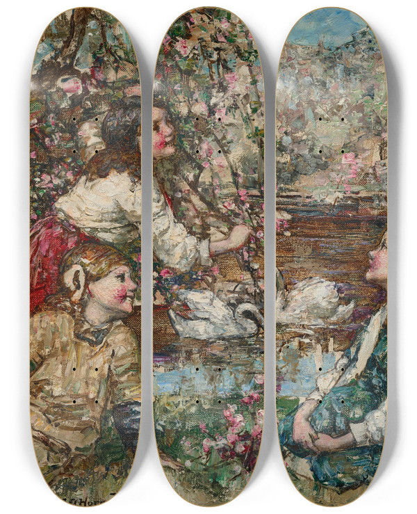 Triptych art skateboard deck of Edward Atkinson Hornel Spring Blossom by Edward Atkinson Hornel (1864-1933)