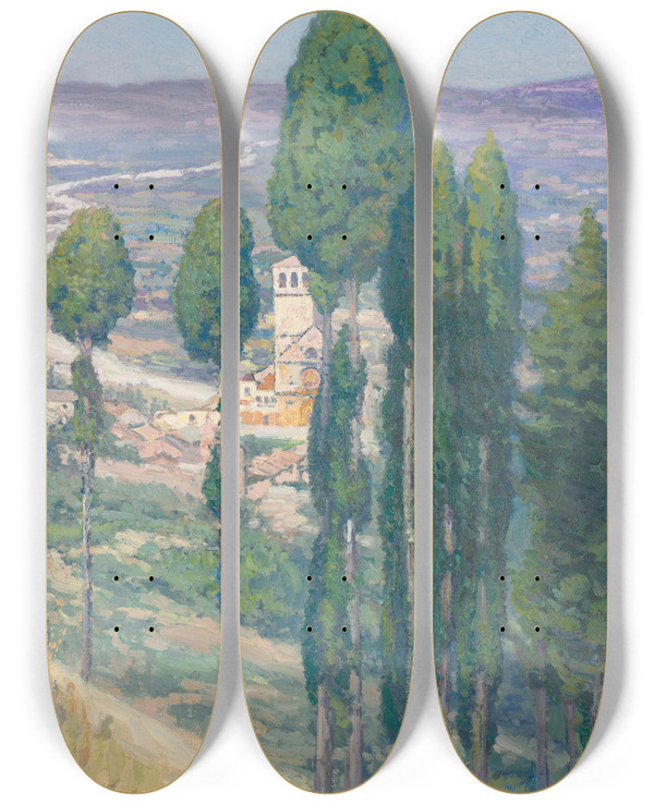 Triptych art skateboard deck of Frederick Gottwald The Umbrian Valley Italy by Frederick Gottwald (1860-1941)