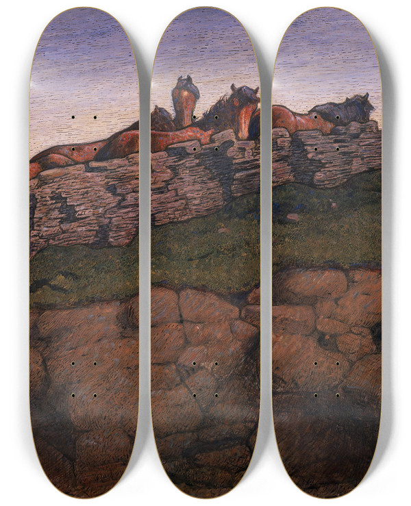 Triptych art skateboard deck of Nils Kreuger At The Boundary by Nils Kreuger (1858-1930)