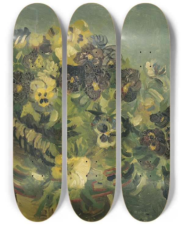 Triptych art skateboard deck of Vincent Van Gogh Basket Of Pansies On A Small Table by Vincent van Gogh (1853-1890)