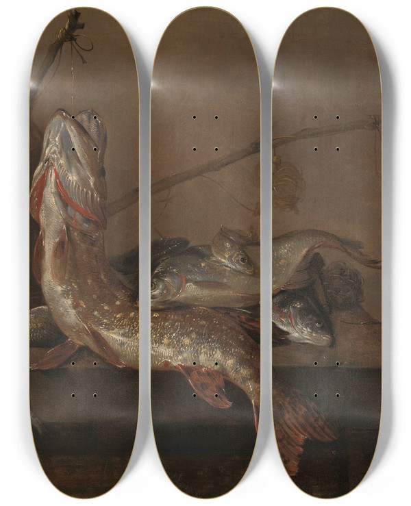 Triptych art skateboard deck of Pieter Van Noort Still Life With Fish_1 by Pieter Van Noort (1622-1672)