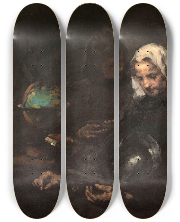 Triptych art skateboard deck of Thodule Ribot Chez Lantiquaire by Theodule Ribot (1823-1891)