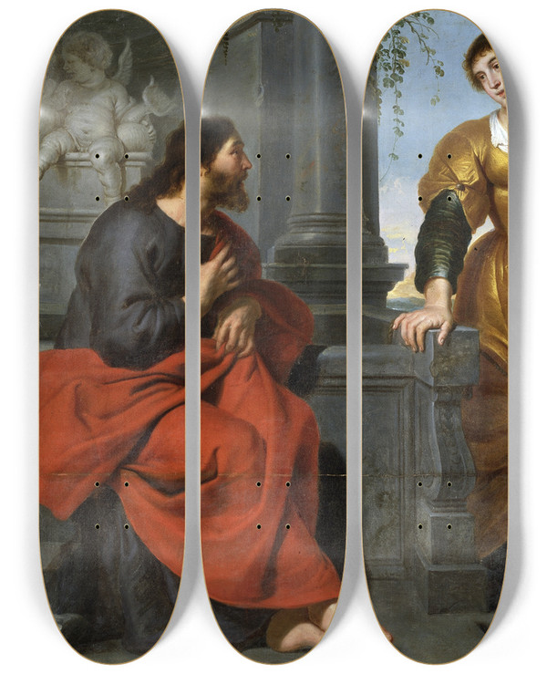 Triptych art skateboard deck of Cornelis De Vos Christ And The Woman Of Samaria by Cornelis de Vos (1584-1651)