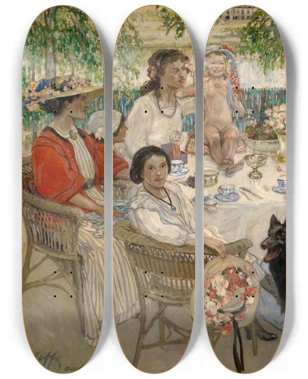 Triptych art skateboard deck of Auguste Oleffe Spring by Auguste Oleffe (1867-1931)