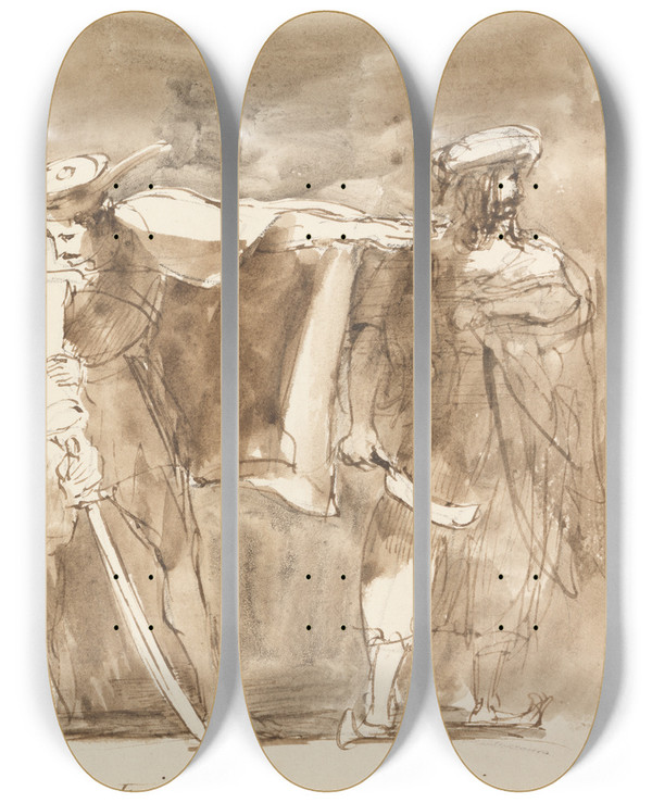 Triptych art skateboard deck of Sir David Wilkie Scene From Quentin Durward by Sir David Wilkie (1785-1841)