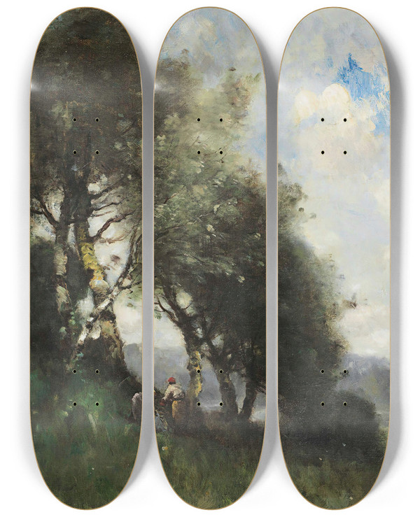 Triptych art skateboard deck of Paul Dsir Trouillebert Les Fagoteuses Au Bord De Leau by Paul Desire Trouillebert (1829-1900)