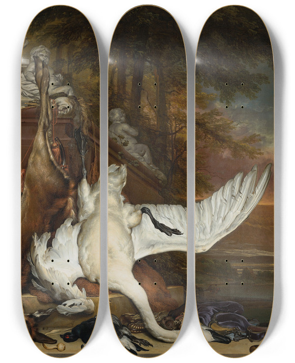 Triptych art skateboard deck of Jan Weenix Dead Swan by Jan Weenix (1641-1719)