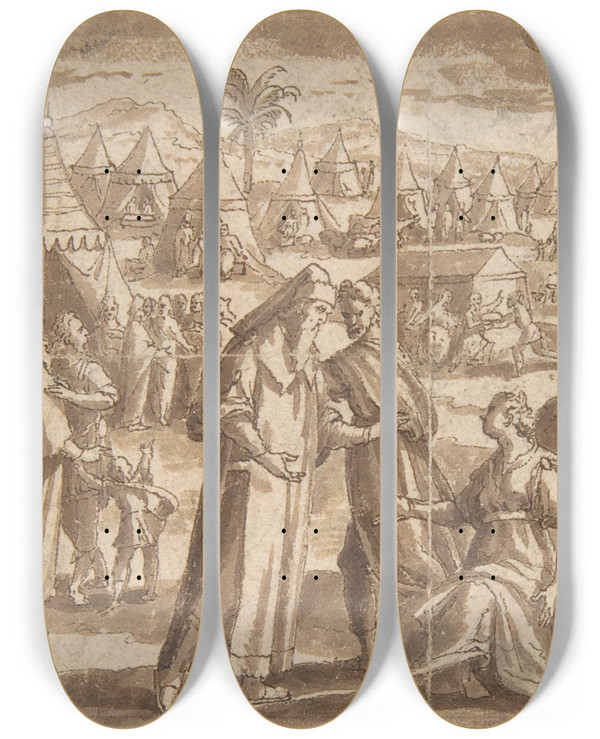 Triptych art skateboard deck of Adam Van Noort Aaron And Nadab Taking Leave Of Elisheba With The Israelites Camped Before Mount Sinai And Moses Ascending The Mountain by Adam Van Noort (1561-1641)