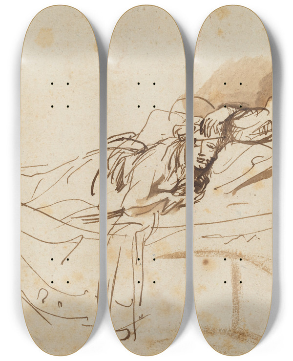 Triptych art skateboard deck of Rembrandt Van Rijn Saskia Lying In Bed by Rembrandt Van Rijn (1606-1669)