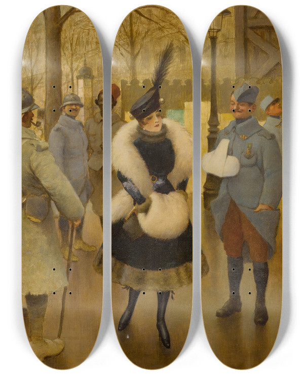 Triptych art skateboard deck of Albert Guillaume Entertaining The Troops by Albert Guillaume (1873-1942)