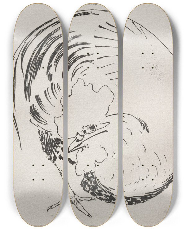 Triptych art skateboard deck of Flix Bracquemond The Highfired Service Rooster Counterproof by Felix Bracquemond (1833-1914)