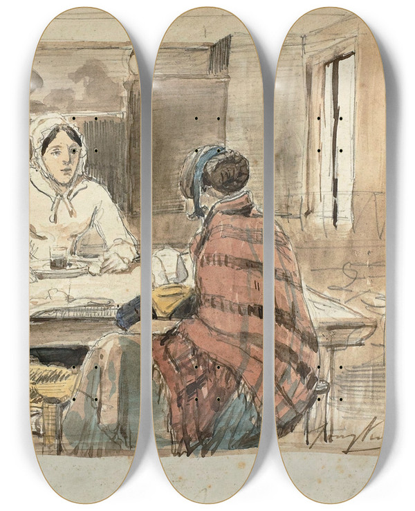 Triptych art skateboard deck of Johan Barthold Jongkind Two Women In A Cafe by Johan Barthold Jongkind (1819-1891)