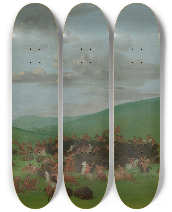 Triptych art skateboard deck of George Catlin Buffalo Chase A Surround By The Hidatsa by George Catlin (1796-1872)