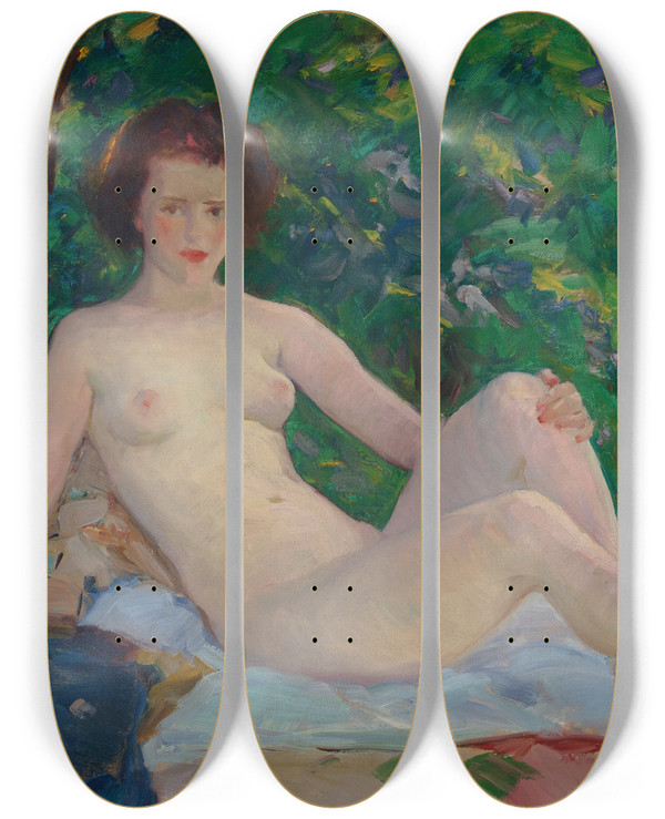 Triptych art skateboard deck of William Wiessler Jr Nude On A Blanket by William Wiessler Jr (1887-1975)
