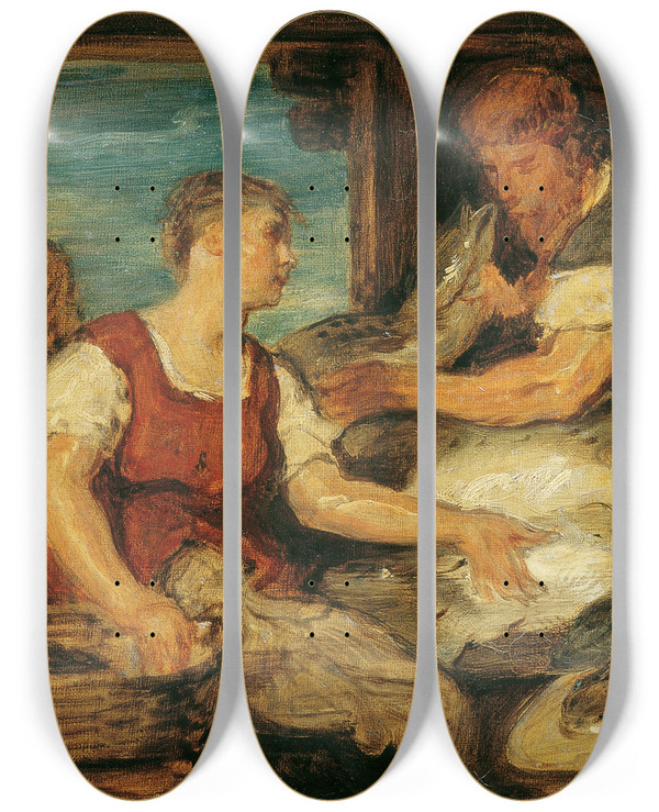 Triptych art skateboard deck of Hans Canon Die Fischverkuferin by Hans Canon (1829-1885)