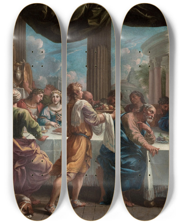 Triptych art skateboard deck of Charles Poerson The Wedding At Cana by Charles Poerson (1609-1667)