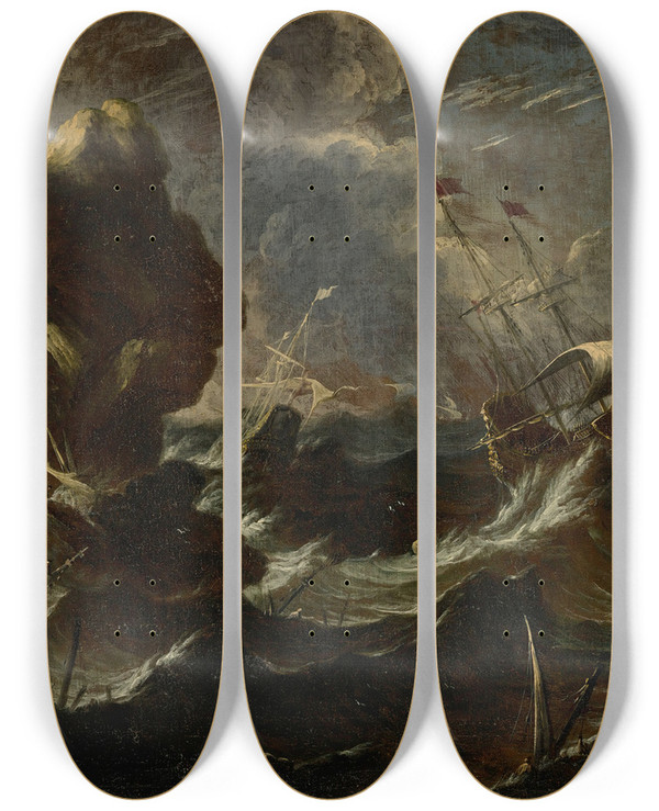 Triptych art skateboard deck of Antonio Marini Frigates In A Storm Off A Rocky Coast by Antonio Marini (1788-1861)