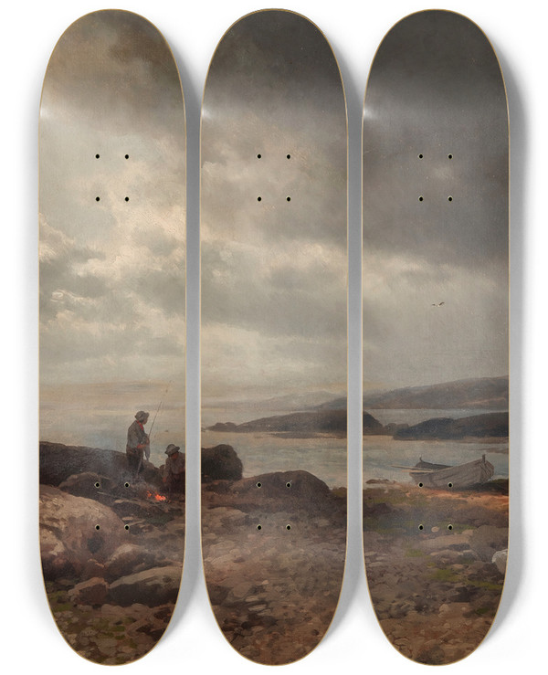 Triptych art skateboard deck of Hermann Ottomar Herzog Coast Of Maine by Hermann Ottomar Herzog (1831-1932)