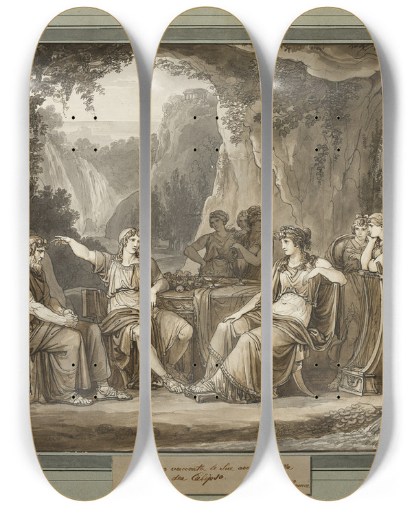 Triptych art skateboard deck of Bartolomeo Pinelli Telemachus Relates His Adventures To The Goddess Calypso From The Adventures Of Telemachus Book 1 by Bartolomeo Pinelli (1781-1835)
