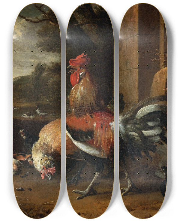 Triptych art skateboard deck of Melchior Dhondecoeter A Poultry Yard_1 by Melchior d'Hondecoeter (1636-1695)