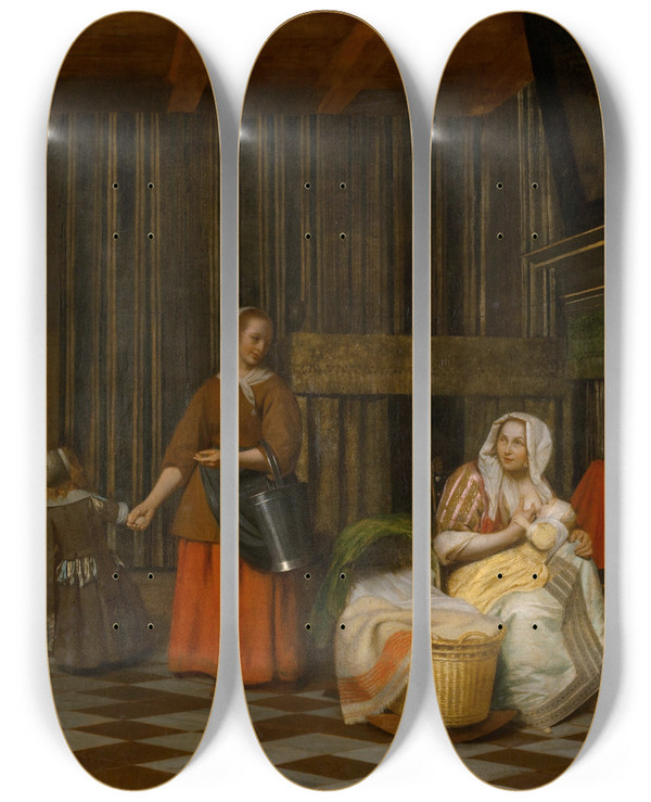 Triptych art skateboard deck of Pieter De Hooch Woman And Child With Serving Maid by Pieter De Hooch (1629-1684)