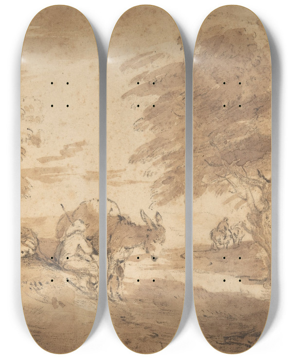 Triptych art skateboard deck of Thomas Gainsborough A Rest By The Way Open Landscape With Figures Donkey And Horses by Thomas Gainsborough (1727-1788)