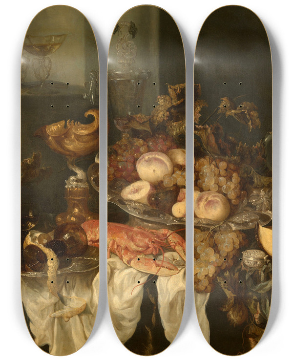 Triptych art skateboard deck of Abraham Van Beijeren Still Life by Abraham Van Beyeren (1620-1690)