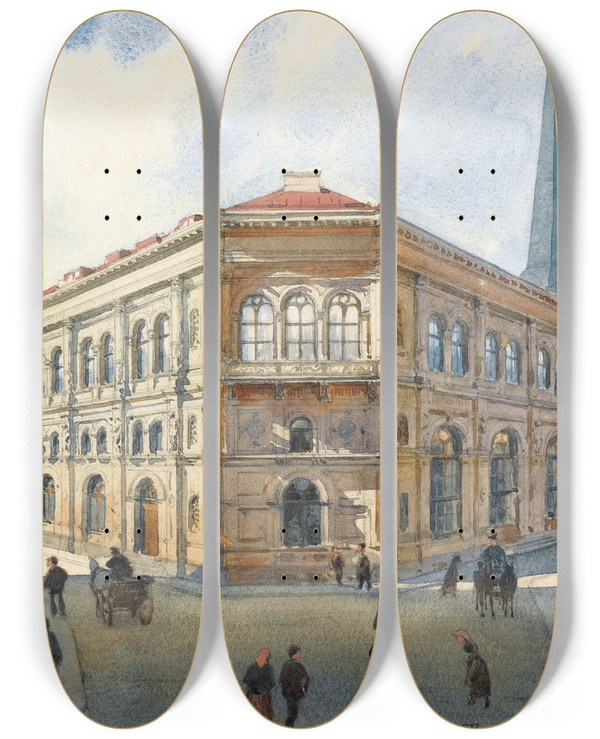 Triptych art skateboard deck of Albert Nikolaevich Benois View Of The Riga Stock Exchange by Albert Nikolaevich Benois (1852-1936)