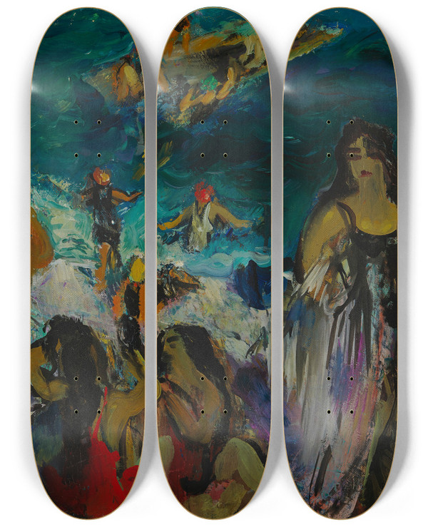 Triptych art skateboard deck of Eemu Myntti On The Beach by Eemu Myntti (1890-1943)