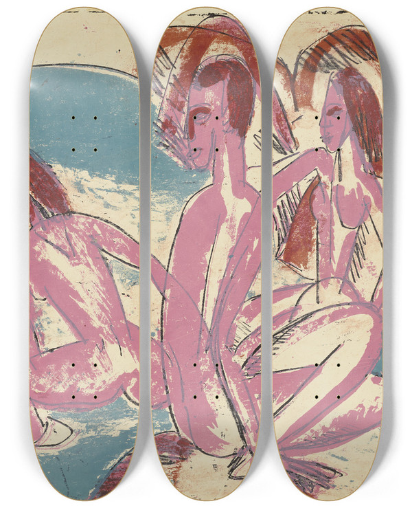 Triptych art skateboard deck of Ernst Ludwig Kirchner Drei Badende An Steinen Fehmarn by Ernst Ludwig Kirchner (1880-1938)