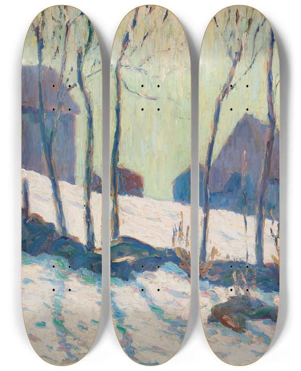 Triptych art skateboard deck of Allen Tucker Winter Landscape by Allen Tucker (1866-1939)