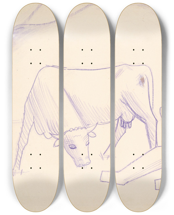 Triptych art skateboard deck of Mikul Galanda Pastier S Kravou by Mikulas Galanda (1895-1938)
