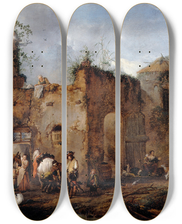 Triptych art skateboard deck of Philips Wouwerman Courtyard With A Farrier Shoeing A Horse by Philips Wouwerman (1619-1668)