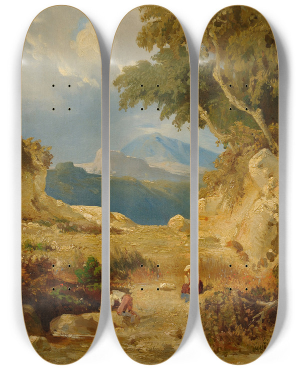Triptych art skateboard deck of Julie Wilhelmine Hagenschwarz Italian Landscape by Julie Wilhelmine Hagen-Schwarz (1824-1902)