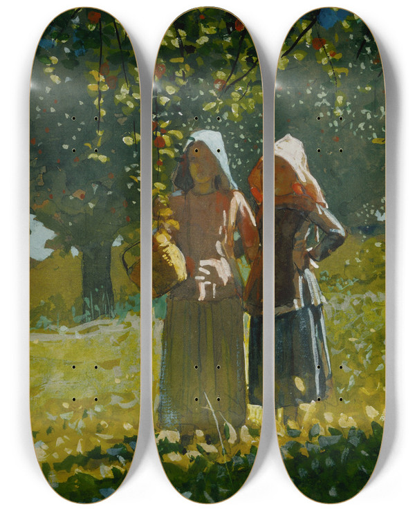 Triptych art skateboard deck of Winslow Homer Apple Picking by Winslow Homer (1836-1910)