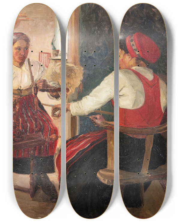 Triptych art skateboard deck of Lilly Segerdahl  The Spinners by Lilly Segerdahl (1874-1946)