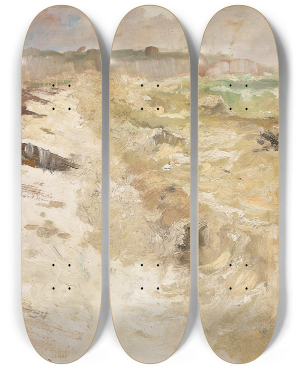 Triptych art skateboard deck of Frits Thaulow From The Beach At Dieppe by Frits Thaulow (1847-1906)