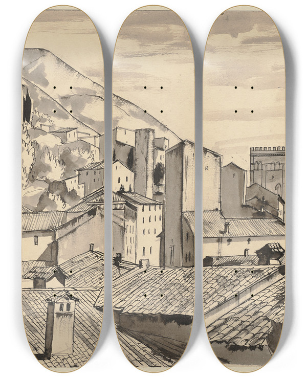 Triptych art skateboard deck of Hermann Lismann Gubbio by Hermann Lismann (1878-1943)