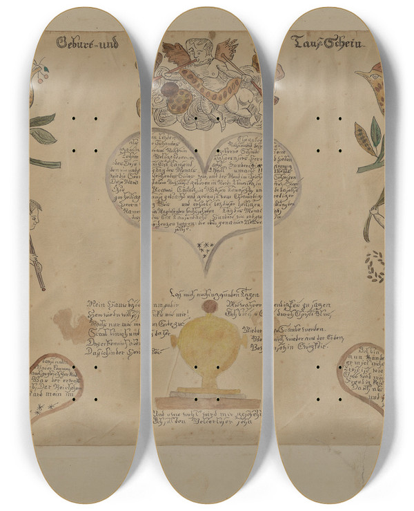 Triptych art skateboard deck of Richard Barnett Fraktur_1 by Richard Barnett