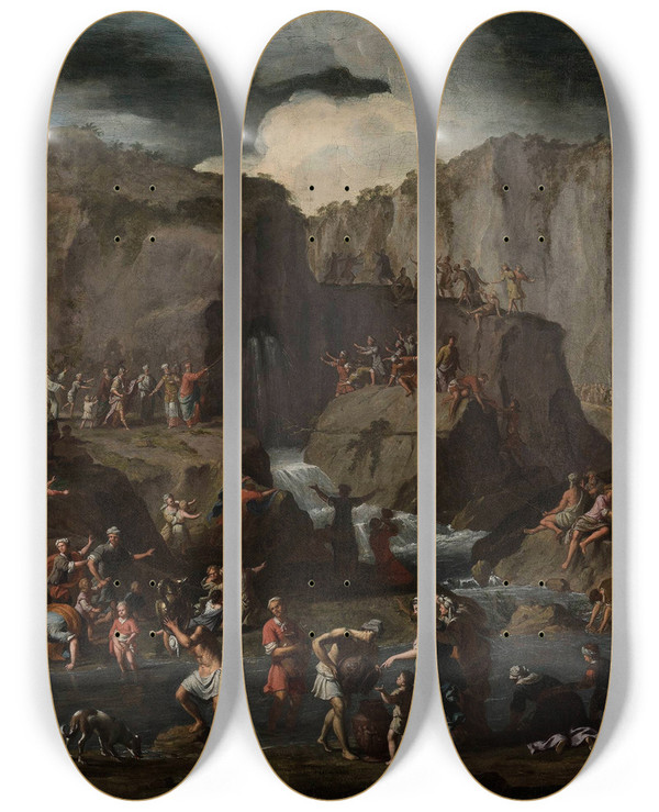 Triptych art skateboard deck of Krzysztof Lubieniecki Moses Bringing Forth Water From The Rock by Krzysztof Lubieniecki (1659-1729)
