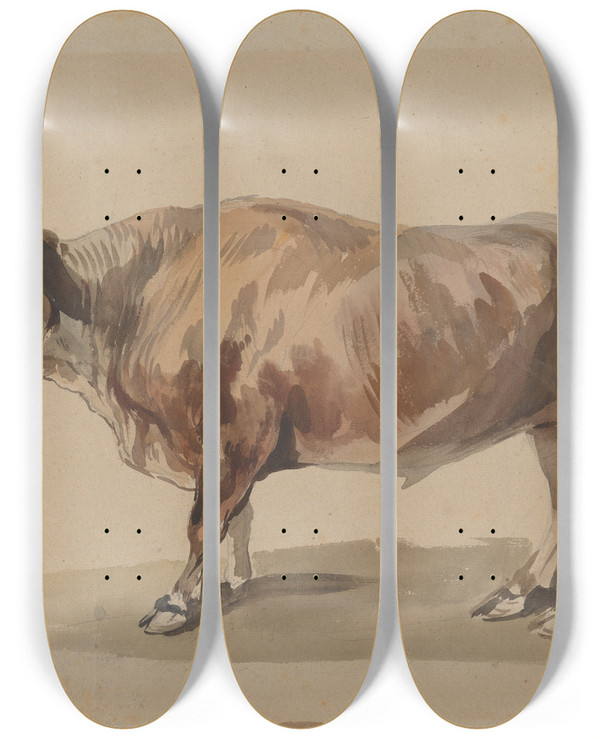 Triptych art skateboard deck of Piotr Michaowski Study Of A Fawn Ox by Piotr Michalowski (1800-1855)