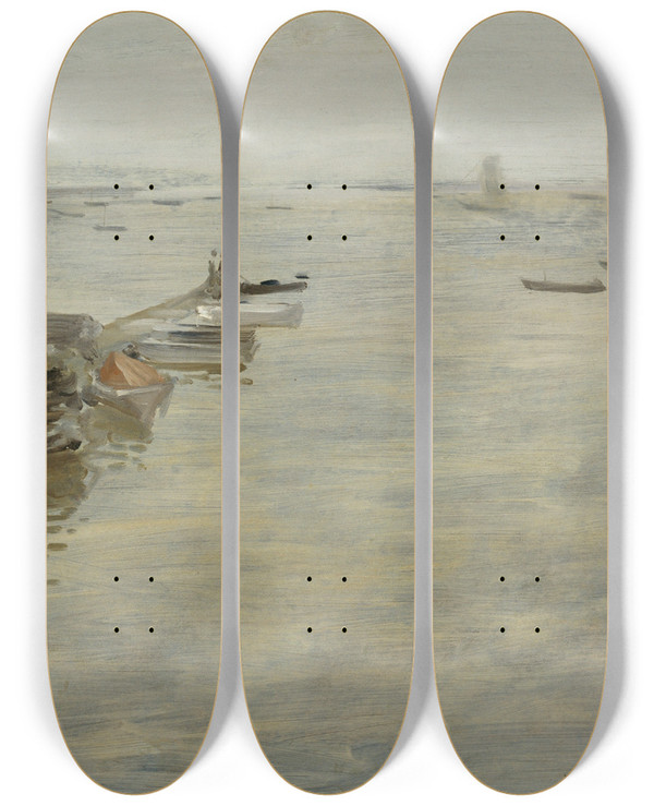 Triptych art skateboard deck of William Merritt Chase A Gray Day by William Merritt Chase (1849-1916)